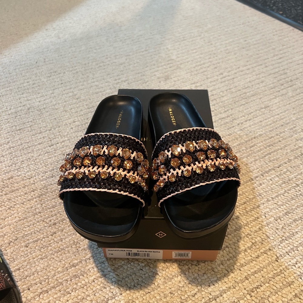 Halogen Black Slide Sandals with Gold Crystal Embellishment